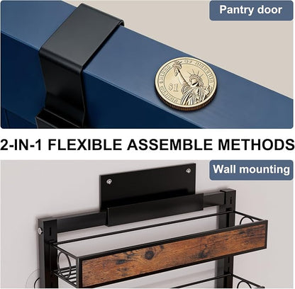 6 Tier Pantry Door Organizer Spice Rack, 2-IN-1 Wall Mount or Hanging Over Door Seasoning Organizer with Adjustable Baskets, Heavy Duty Behind Door Storage Shelves for Pantry, Cabinet and Kitchen