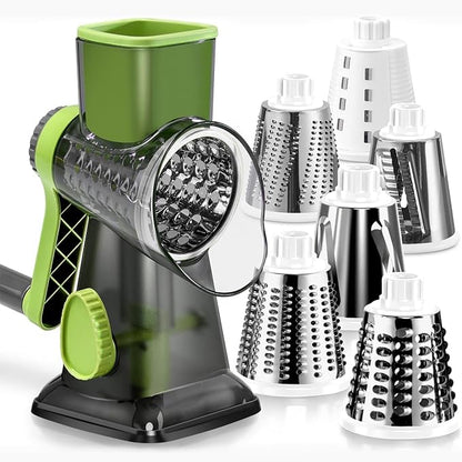 KEOUKE Rotary Cheese Grater Pro 6 in 1 - Shredder Crinkle Slicer Grinder Ice Shaver, Stable Suction, Time-saving Easy Use & Clean, Safe Morden Kitchen Tool for Cheese, Vegetable, Nuts, Chocolate
