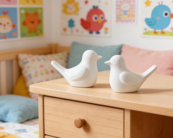 Artconal Small White Bird Statue Ceramic 2-Piece Set, 3¾ inch Cute Knick Knack for Home Office Shelf Desk Decor