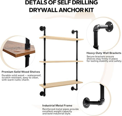 3-Tier Industrial Pipe Floating Shelf – Rustic 30 inch Wood Wall-Mounted Storage Shelf for Kitchen Office,Bathroom & Home Decor -White Oak