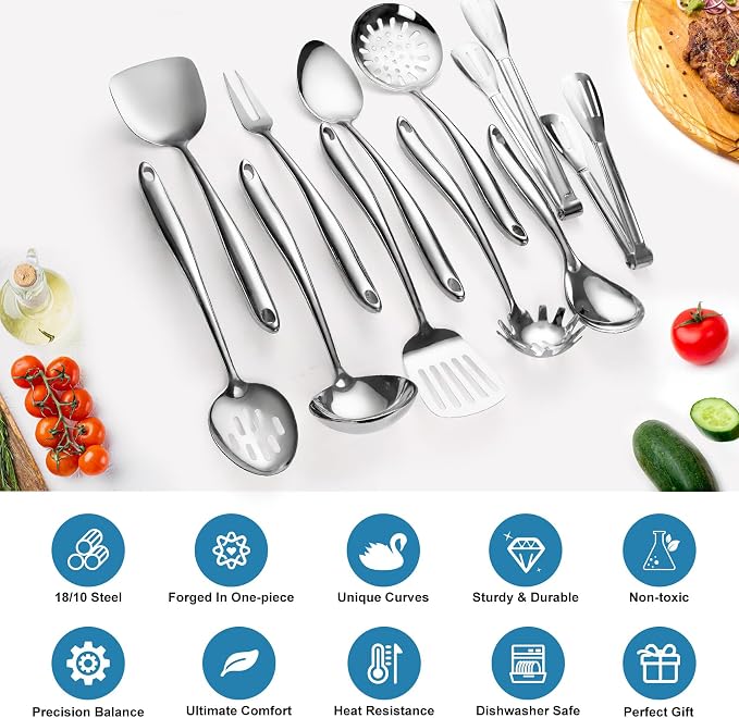 304 Stainless Steel Cooking Utensils Set for Stainless Steel Sleek Kitchen Utensil Holder, 12 PCS Large Metal Cooking Utensil Tools Set with Holder,Fork,Spatulas,Spoons,Skimmer,Ladle,Pasta Server,Tong