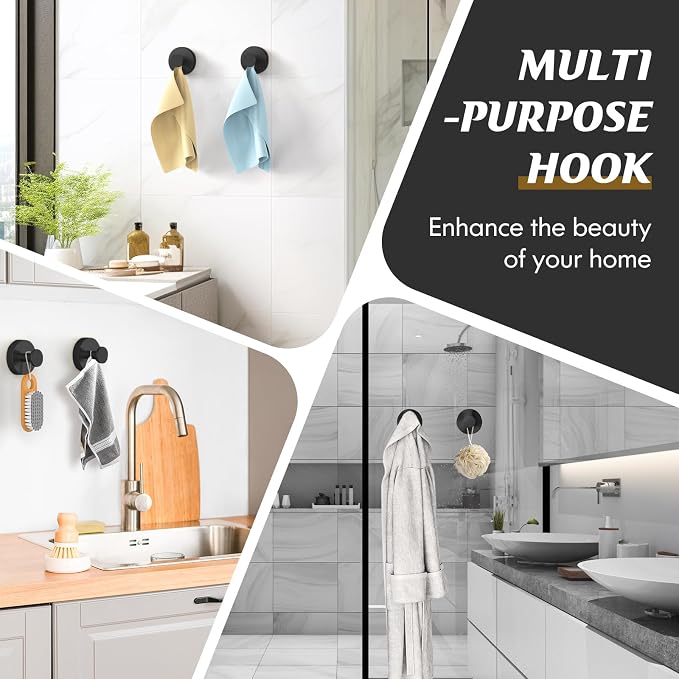 MOTAIPEAK Suction Cup Hooks for Shower,Removable Shower Towel Suction Hooks for Bathroom Wall,Kitchen,Glass,Mirror,Tile to Hang Robes,Loofah-Black(4-Pack)