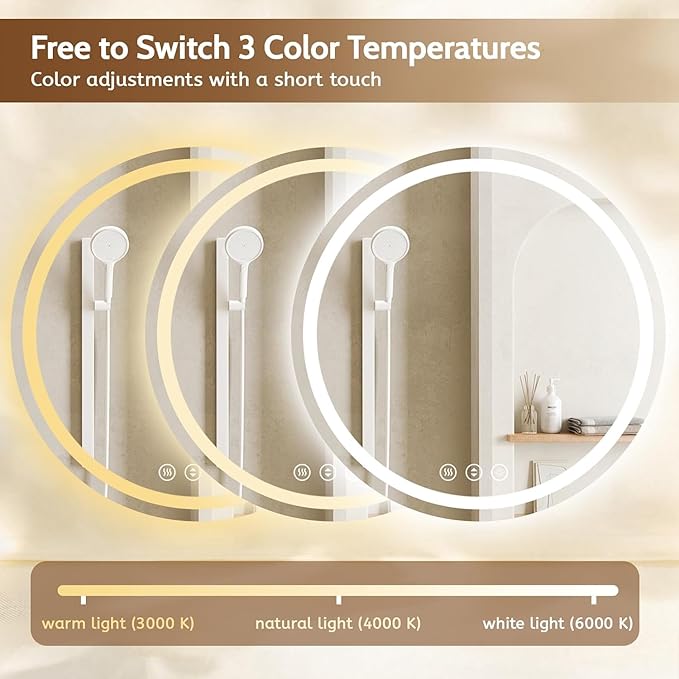 Led Bathroom Mirror with Lights, Anti-Fog & Tri-Color Lighting - Wall Mounted Shaving Mirror with Touch Sensor, Waterproof Smart LED Vanity Mirror Tempered Glass Dimmable (24" L x 24" W)