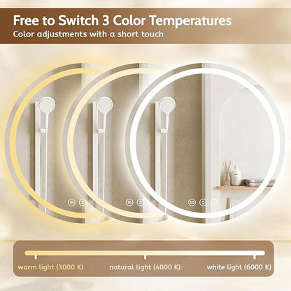 Led Bathroom Mirror with Lights, Anti-Fog & Tri-Color Lighting - Wall Mounted Shaving Mirror with Touch Sensor, Waterproof Smart LED Vanity Mirror Tempered Glass Dimmable (24" L x 24" W)
