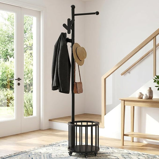 Uniclinens Freestanding Wooden Coat Rack with Umbrella Holder，Black Coat Rack with Hooks, Space-Saving Entryway Organizer for Hanging Clothes and Storing Towels, Bedroom, Living Room