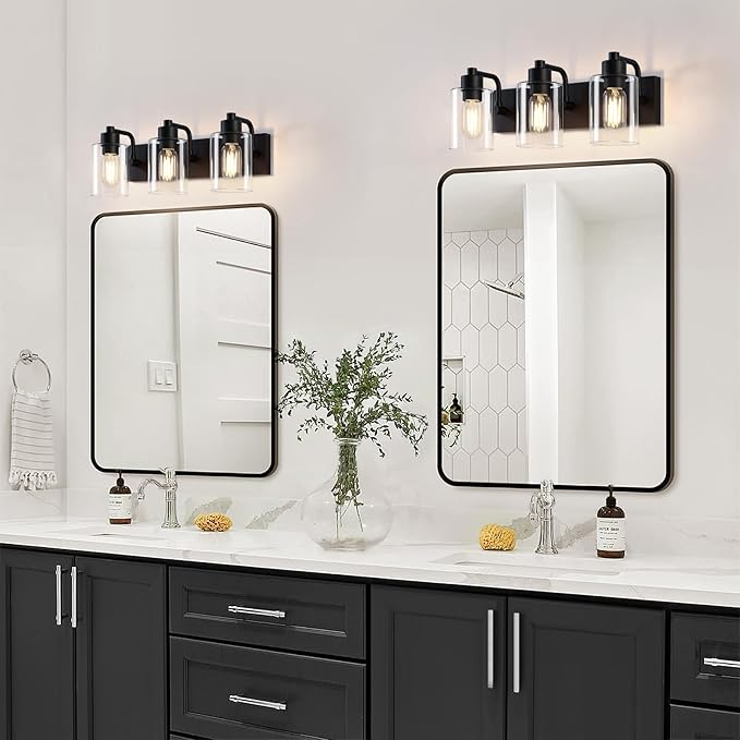 Bathroom Light Fixtures,Matte Black 3-Light Bathroom Lights Over Mirror with Clear Glass Shade,Wall Sconces for Kitchen Living Room Bedroom