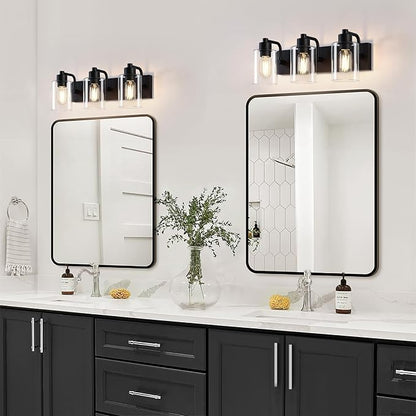 Bathroom Light Fixtures,Matte Black 3-Light Bathroom Lights Over Mirror with Clear Glass Shade,Wall Sconces for Kitchen Living Room Bedroom