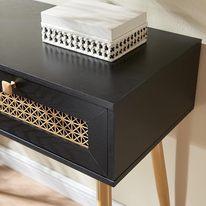 Mid Century Modern Console Table with Drawers, Narrow Sofa Table for Living Room, Entryway and Bedroom, Boho Style, Black