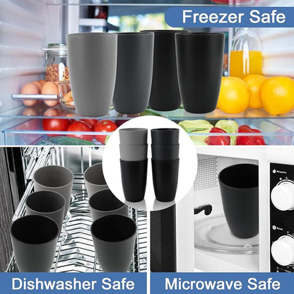 Wheat Straw Cups 20 OZ Set of 6, Unbreakable Drinking Cup Reusable, Alternative to Plastic Cups Reusable, Kitchen Water Tumblers Dishwasher and Microwave Safe (Black, Grey)