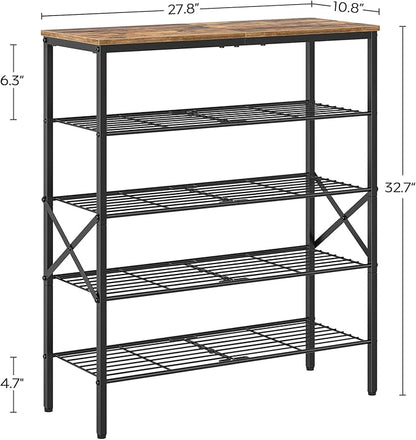 YATINEY 5-Tier Shoe Rack, Shoe Storage for Entryway and Closet, Free Standing Shoe Organizer with Metal Mesh Shelves, 16-20 Pairs of Shoes, Rustic Brown and Black SS05BR