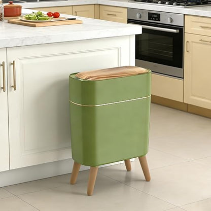 suyika Automatic Trash Can, 2.6 Gallon/10L Bathroom Trash Can with Lid - Wood Grain Lid and Legs, Touchless Waterproof Garbage Bin for Bedroom, Bathroom, Office, Living Room