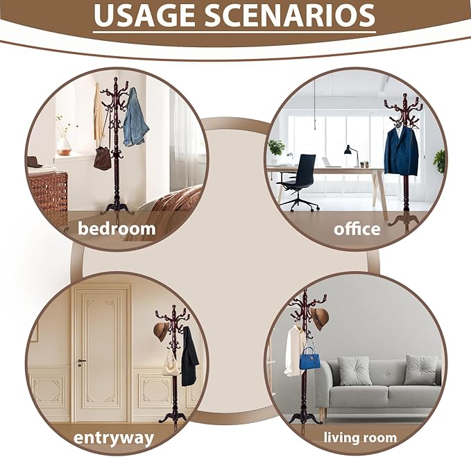 Solid Wooden Coat Rack Stand, Coat Racks Freestanding with 14 Hooks, Natural Birch Wood Coat stands with Sturdy Triangle Base, Coat Hanger Standing for Entryway Bedroom Office (Redwood triangle)
