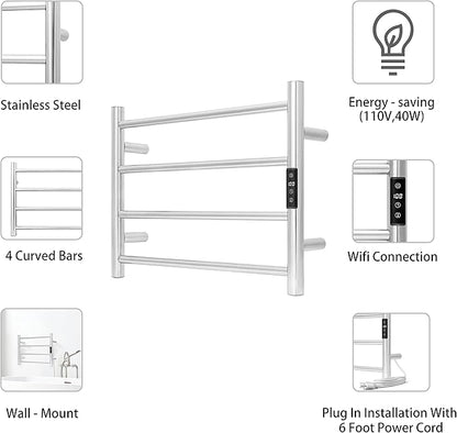 KEG Smart WiFi Towel Warmer Wall Mounted with Built-in Timer and Temperature Adjust Control, 4 Bars Electric Stainless Steel Heated Towel Racks for Bathroom Brushed Nickel