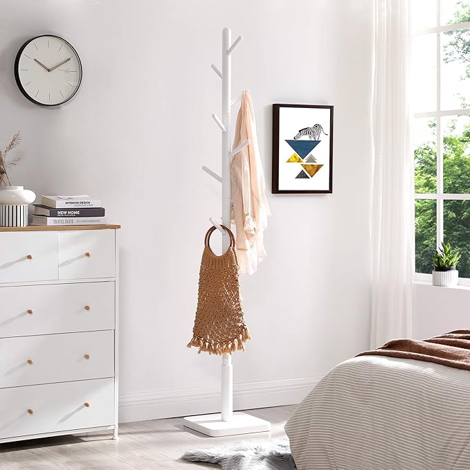VASAGLE Solid Wood Coat Rack, Free Standing Hall Coat Tree with 8 Hooks, 3 Height Options, for Coats, Hats, Bags, Purses, for Entryway, Hallway, Rubberwood Hooks and Pole, Cloud White URCR010W02
