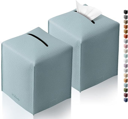 Tclouda Tissue Box Cover for PU Leather, Modern Simple Solid Color Holder Square Tissue Bag, Ideal for Bathrooms,Office,Car,Nightstand,Outdoor Tent,Dining Table,5"X5"X5", Double Blue