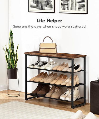 HOOBRO Shoe Rack, 4 Tier Shoe Storage Organizer with 3 Oxford Fabric Shelves and Top Panel, Holds 12-16 Pairs of Shoes for Entryway and Closet, Industrial, Rustic Brown BF47XJ01G1