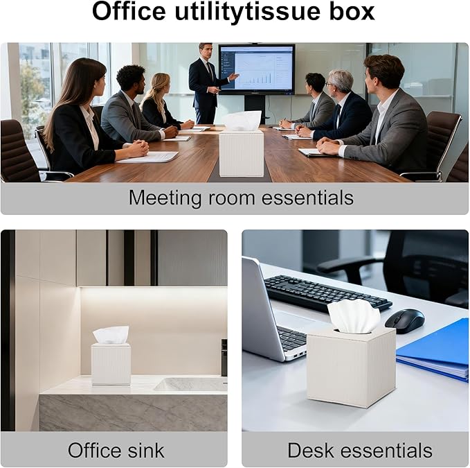 White Square PU Leather Tissue Box Cover with Magnetic Bottom – Stylish Cube Holder for Napkins, Decorative for Bathroom, Living Room, Office, Car, Nightstand