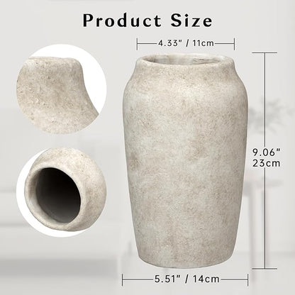 Briful Rustic Vintage Ceramic Vase, 9.06'' Farmhouse Table Decor with Wide Mouth, Large Decorative Vases for Home Decor, Living Room, Entryway & Shelf Styling, Beige