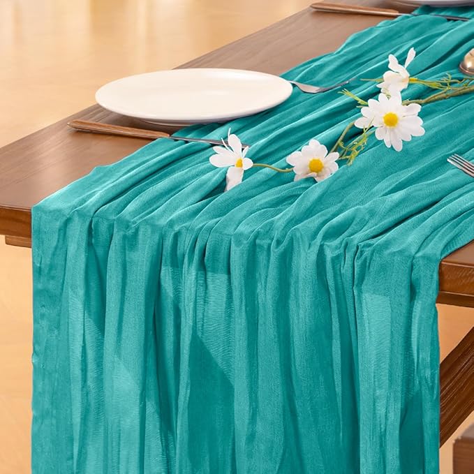 Socomi 3pcs Teal Blue Spring Cheesecloth Table Runner Boho Rustic Gauze 120 inch 10FT Cheese Cloth Runner for Wedding Party Baby Shower Birthday Home Decor