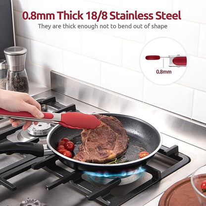 600ºF Heat Resistant Kitchen Tongs: U-Taste 9 inch Silicone Cooking Tong with Firm Sealed Non Stick Rubber Tips & Silicon Coated 18/8 Stainless Steel Handle & Smooth Locking for Serving Salad (Red)