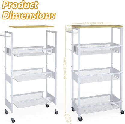 Vincona 9.1" Wide Slim Rolling Utility Cart, 4 Tier Metal Narrow Storage Cart with Handle and Wood Top, Multifunctional Small Mobile Shelf Unit Organizer Trolley for Laundry, Bathroom, Kitchen