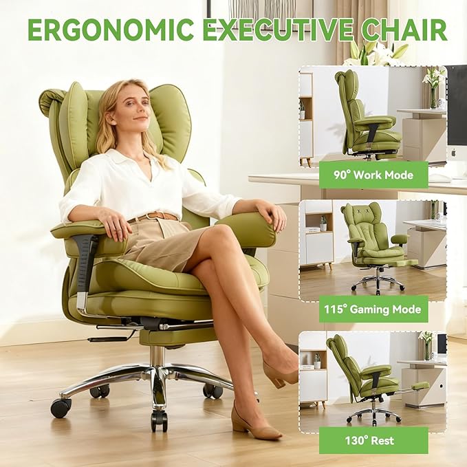 Efomao Big & Tall Executive Office Chair with Footrest - 400lbs Heavy Duty High Back PU Leather Desk Chair, Modern Ergonomic Reclining Computer Chair, Green