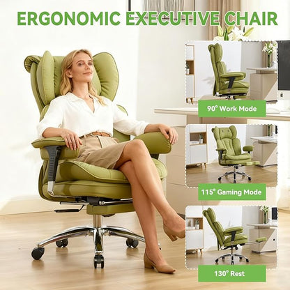 Efomao Big & Tall Executive Office Chair with Footrest - 400lbs Heavy Duty High Back PU Leather Desk Chair, Modern Ergonomic Reclining Computer Chair, Green