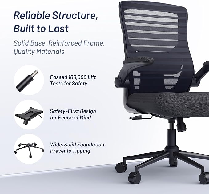 Office Desk Chair for Long Hours & Lower Back Pain Relief – 4“ Thick Molded Foam Cushion, Enhanced Lumbar Support, Padded Flip-up Armrests, New Year Workspace Upgrade, Black