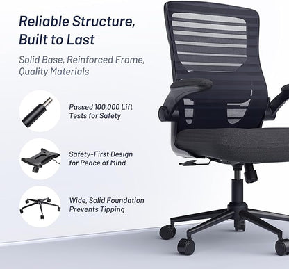 Office Desk Chair for Long Hours & Lower Back Pain Relief – 4“ Thick Molded Foam Cushion, Enhanced Lumbar Support, Padded Flip-up Armrests, New Year Workspace Upgrade, Black