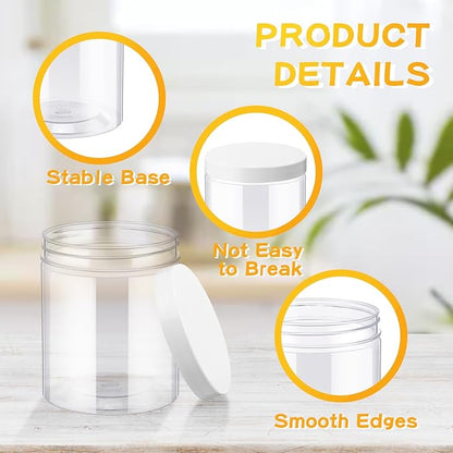 Irenare 24 Pcs 16 oz Plastic Jars with Lids Clear Plastic Containers Wide Mouth Food Mason Jars Airtight Storage Containers for Cake, Dried Fruit, Honey, Nuts, Carft, Scrub Cream(White Lids)