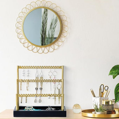 SANY DAYO HOME 3-Tier Earring Holder Organizer Stand, 105 Holes Gold Metal Earring Rack Jewelry Display Tree with Black Wood Tray for Women and Girls