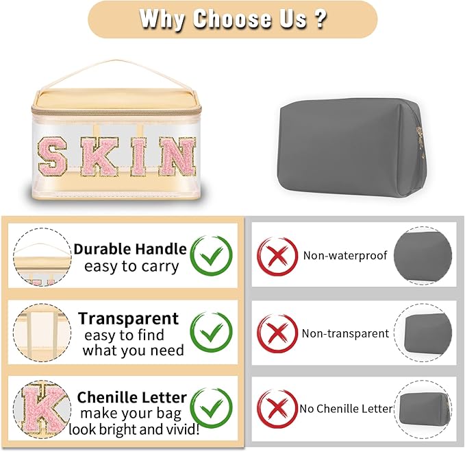 Chenille Letter Clear Makeup Bags Skin Pouch, Preppy Patch Makeup Bag Zipper with Handle, Transparent PVC & Nylon Waterproof Glitter Cosmetic Handbag Travel Toiletry Storage for Women Girl(SKIN-Beige)