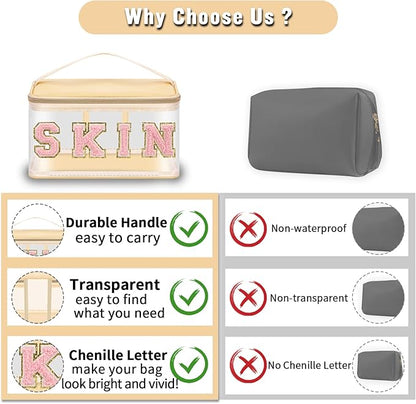 Chenille Letter Clear Makeup Bags Skin Pouch, Preppy Patch Makeup Bag Zipper with Handle, Transparent PVC & Nylon Waterproof Glitter Cosmetic Handbag Travel Toiletry Storage for Women Girl(SKIN-Beige)