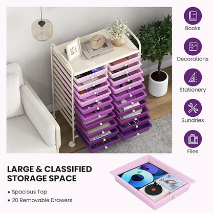 Happygrill 20-Drawer Organizer Cart Tools, Mobile Utility Storage Cart with Removable Drawers & Lockable Wheels, Rolling Storage Cart with wheels for Home Office School (Purple Gradient)