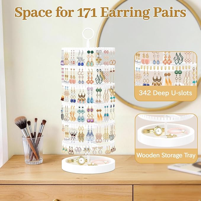 MODOWEY 6 Tier Rotating Earring Holder Organizer Display Tree with Wooden Tray, Adjustable Plastic Stand with 342 Slots for Stud Hoop Hanger, Large Capacity Storage Rack for Women Space Saving, White