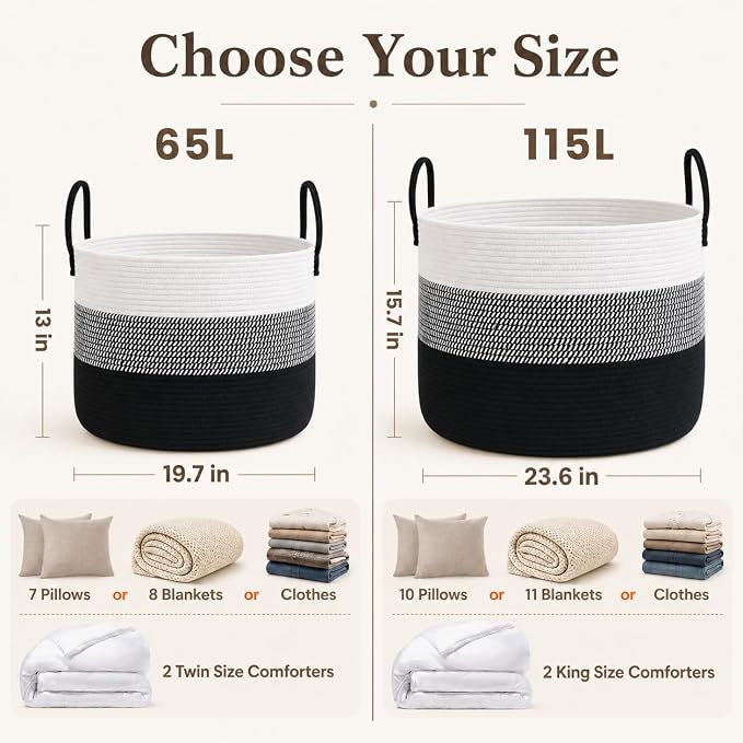 JMvicyroam 65L Extra Large Blanket Basket for Living Room - Woven Cotton Rope Laundry Hamper with Reinforced Handles - Storage Bin for Pillows, Comforters & Toys - Machine Washable,White&Black Mix