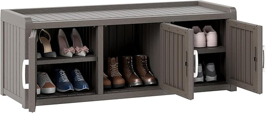 2-Tier Storage Bench, Waterproof UV-Resistant Outdoor Shoe Storage Cabinet with 3 Doors & Adjustable Shelves for Indoor Outdoor Entryway, Hallway, Living Room (Grey)