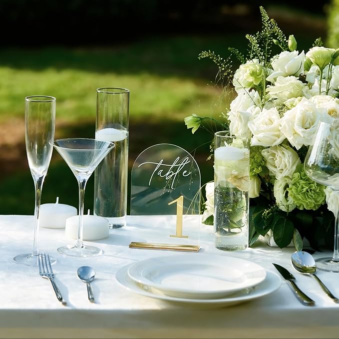 Crystal Clear Acrylic Wedding Table Numbers 1-30 Set, Self-Standing Modern Arched Signs for Reception Seating, Anniversary & Bridal Shower, Elegant Wedding Decor (5x7 Inches)