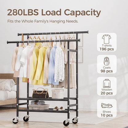 HYSEYY Rolling Clothes Racks, Double Rods Clothing Rack