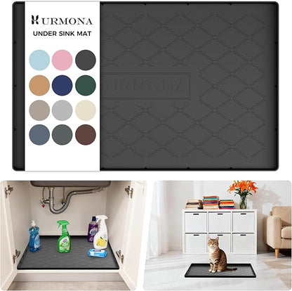 URMONA Under Sink Mat for Kitchen Waterproof, 22" x 14" Silicone Under Sink Mat for Shelf Liner Organizer, Cabinet Sink Protector Under Sink Liner for Bottom Kitchen, Bathroom(Black)