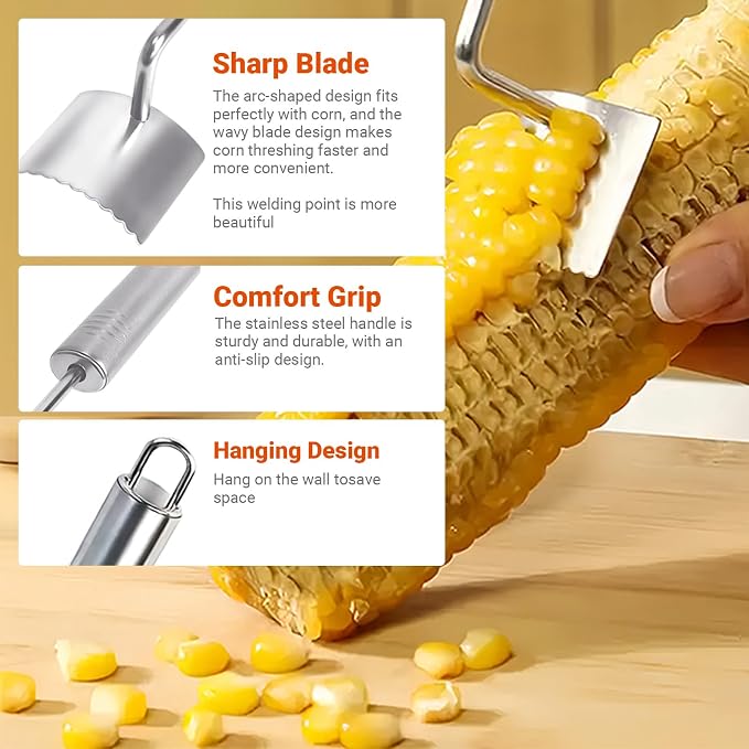 3 Pcs Corn Peeler, Stripper and Holder Set, Stainless Steel Serrated Blade Corn Remover Tool with Long Handle