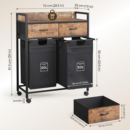Laundry Sorter with 2 Drawers, 100L with Pull-Out Removable Laundry Bags, Laundry Hamper Baskets with 2 Section and Wheels, Rustic Brown and Black