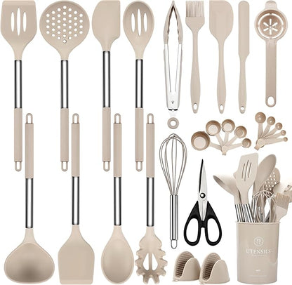 NCUE Silicone Cooking Utensils Set, 28 Pcs Kitchen Utensils Set 446°F Heat Resistant Spatula Set, Food Grade Silicone and Stainless Steel Handle Kitchen Gadgets for Nonstick Cookware BPA Free