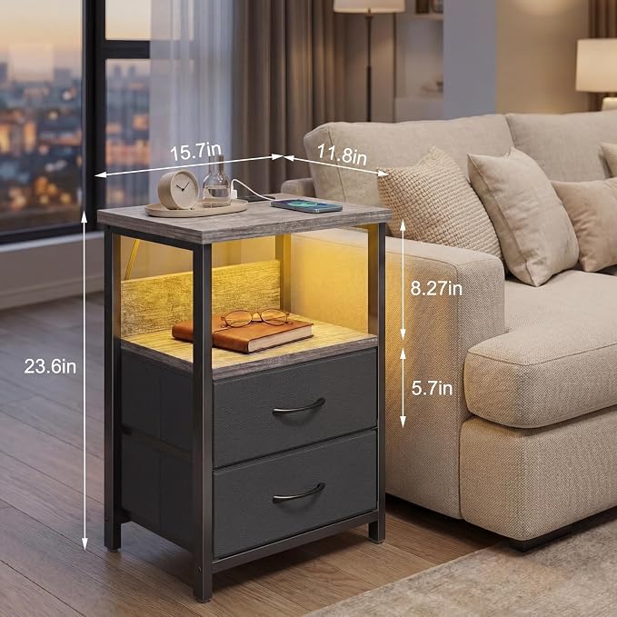 Fixwal Night Stand with Charging Station, LED Nightstand with U-S-B Ports and Outlets, 2 Fabric Storage Drawers with PU Finish, Bed Side Table, French Oak