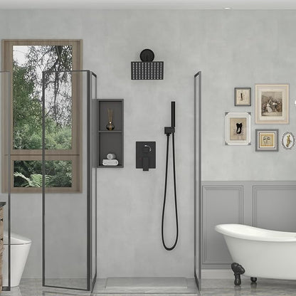 BESy 8 Inch Rain Shower Head, 8" Square Rainfall & High Pressure Stainless Steel Bath Showerhead, 1/16" Ultra Thin, Waterfall Full Body Coverage with Silicone Nozzle, Matte Black Finish