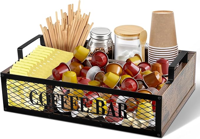 Yalikop Coffee Station Organizer for Countertop, All in One No Assembly Wood Coffee Creamer Bar Holder with Iron Mesh, Office Tea Bar Accessories Gift for New Home Birthday(Brown,Natural)