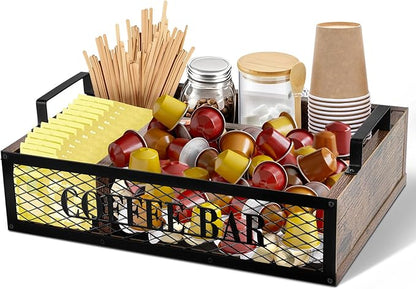 Yalikop Coffee Station Organizer for Countertop, All in One No Assembly Wood Coffee Creamer Bar Holder with Iron Mesh, Office Tea Bar Accessories Gift for New Home Birthday(Brown,Natural)