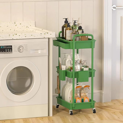 LLMRR 3 Tier Rolling Utility Cart with Drawer, Plastic Storage Organizer Rolling Carts with Wheels Handles Hanging Cups Hooks for Office, Bathroom, Kitchen,Craft Art Room (Green)