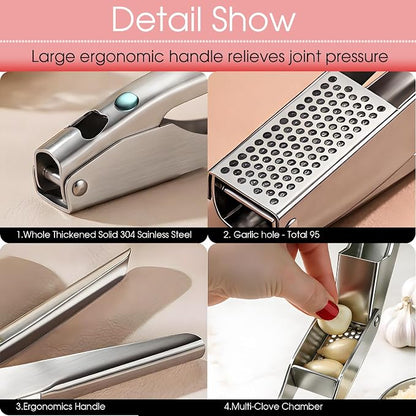 Garlic Press Heavy Duty Mincer and Peeler Set, Rust Proof 304 Stainless Steel Garlic Crusher, Easy-Squeeze Nut Ginger Chopper, Dishwasher Safe Kitchen Gadget