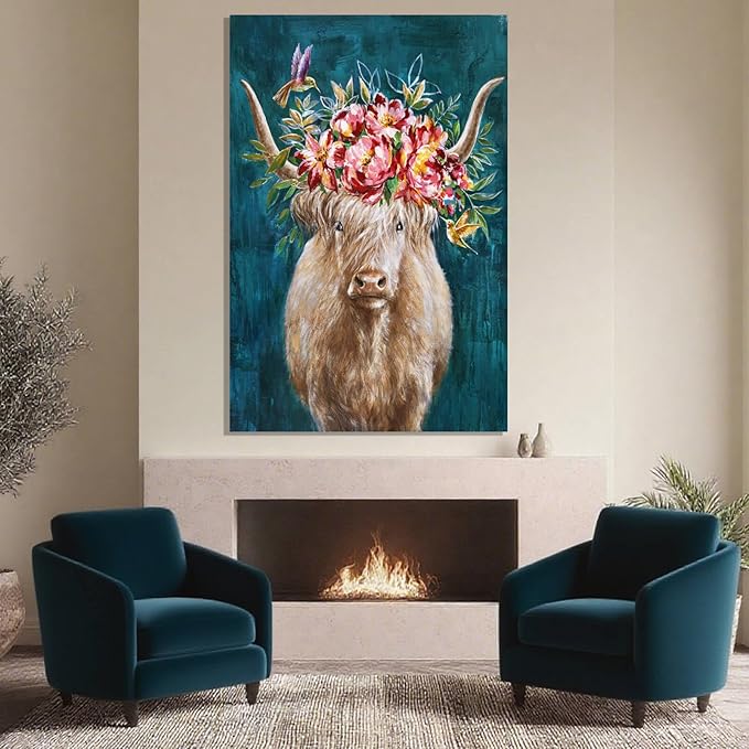 ZENPEE Abstract Modern Animal Wall Decor, Blue Highland Cow Wall Art, Rustic Farmhouse Canvas Decoration for Living Room or Bedroom, 32" x 48"